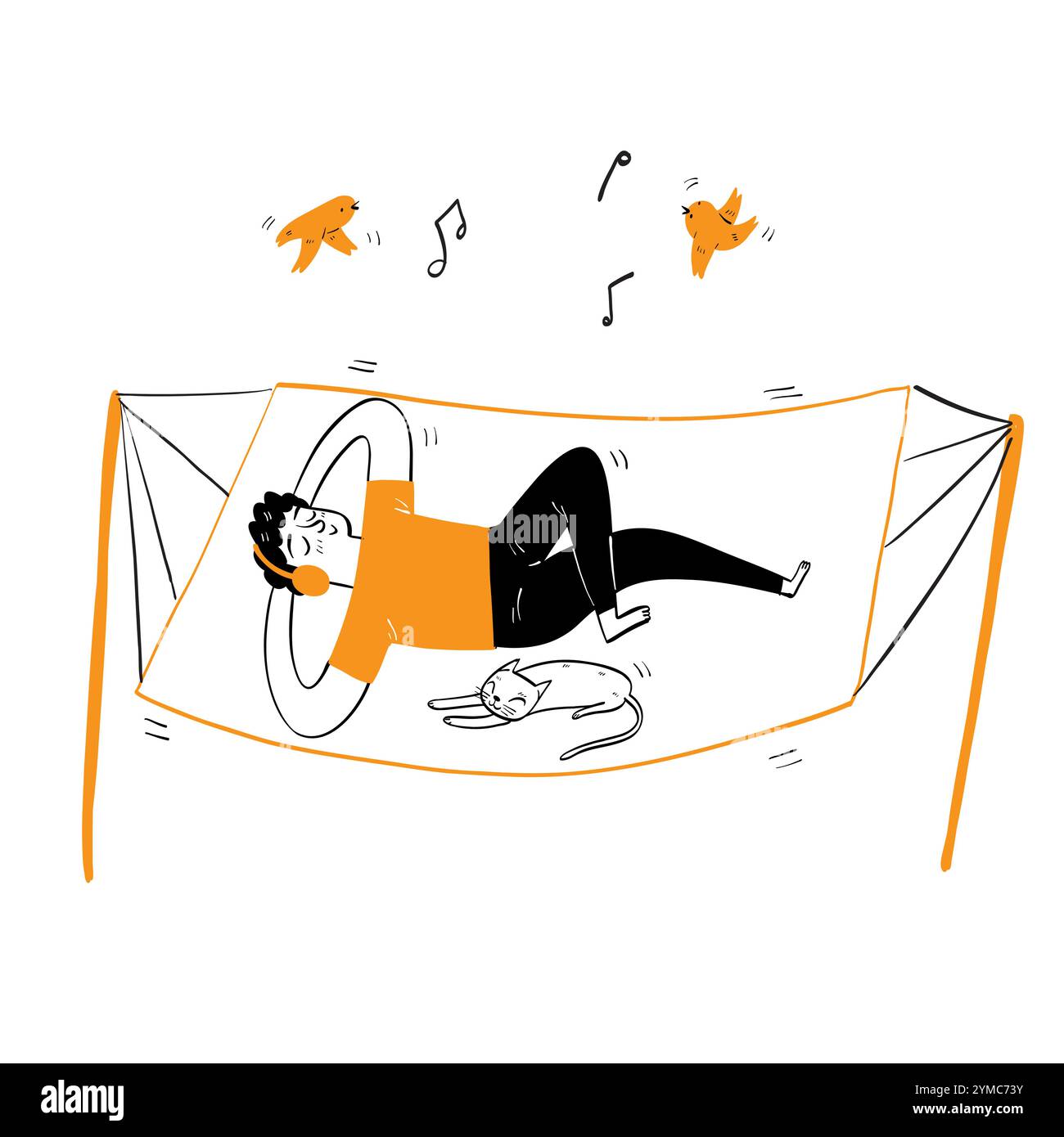 Uomo felice sdraiato sulla culla con le cuffie che ascolta la musica il relax diurno con un gatto piccolo, disegno a mano in stile doodle vettoriale. Illustrazione Vettoriale