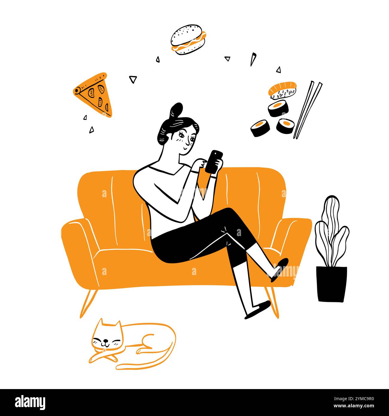 Donna che ordina il cibo online da casa in salotto. Servizio di consegna online veloce. Ordine online. E-commerce su Internet. concetto di sito web o banner. H Illustrazione Vettoriale