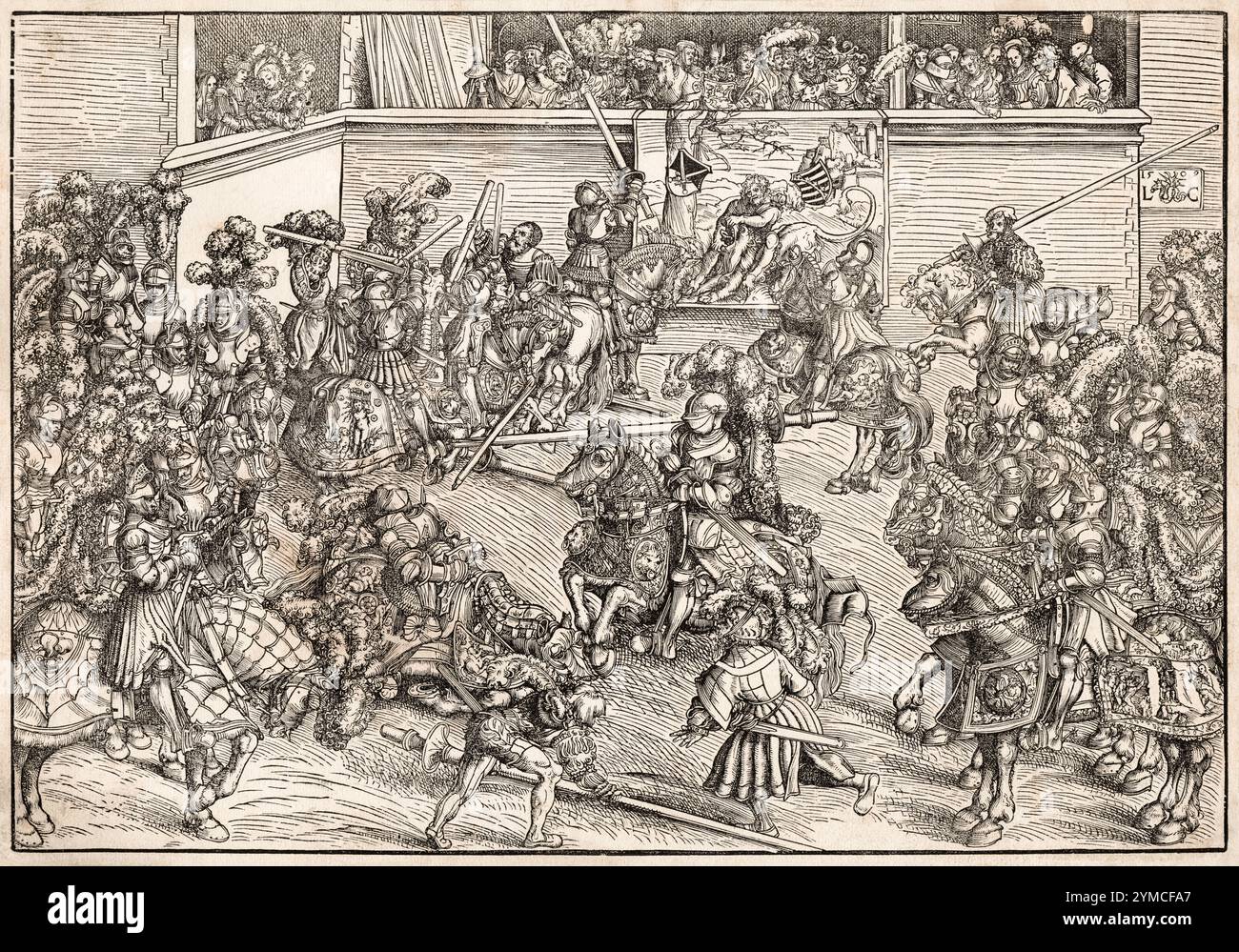 Torneo medievale con giostre dei cavalieri, incisione in legno di Lucas Cranach il Vecchio, 1509 Foto Stock
