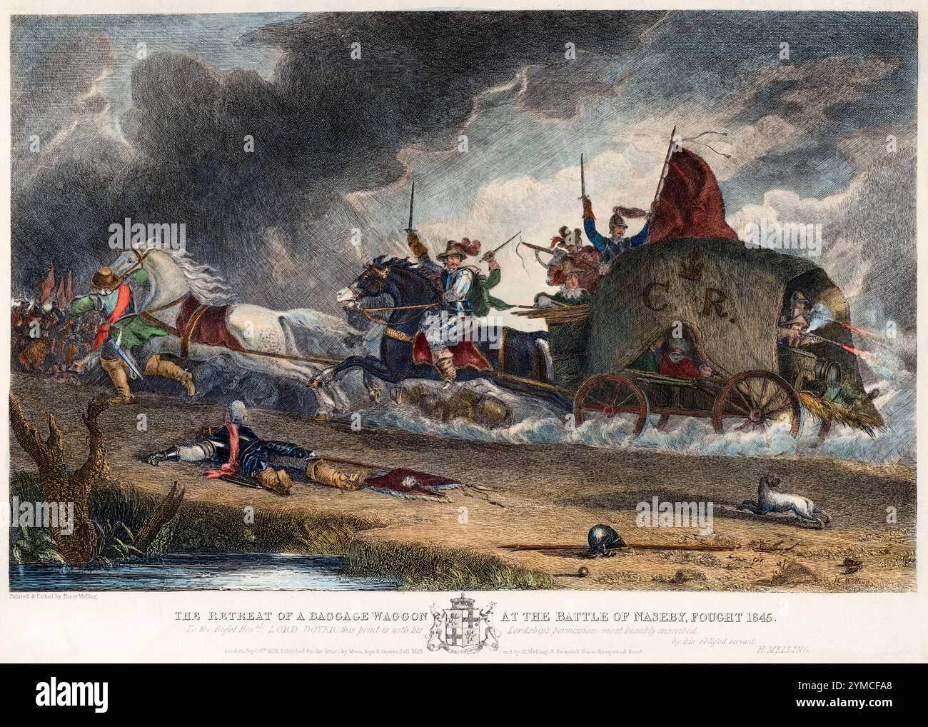 La ritirata di un carro bagagli nella battaglia di Naseby, 14 giugno 1645, nella guerra civile inglese, incisione colorata a mano di Henry Melling, 1831 Foto Stock