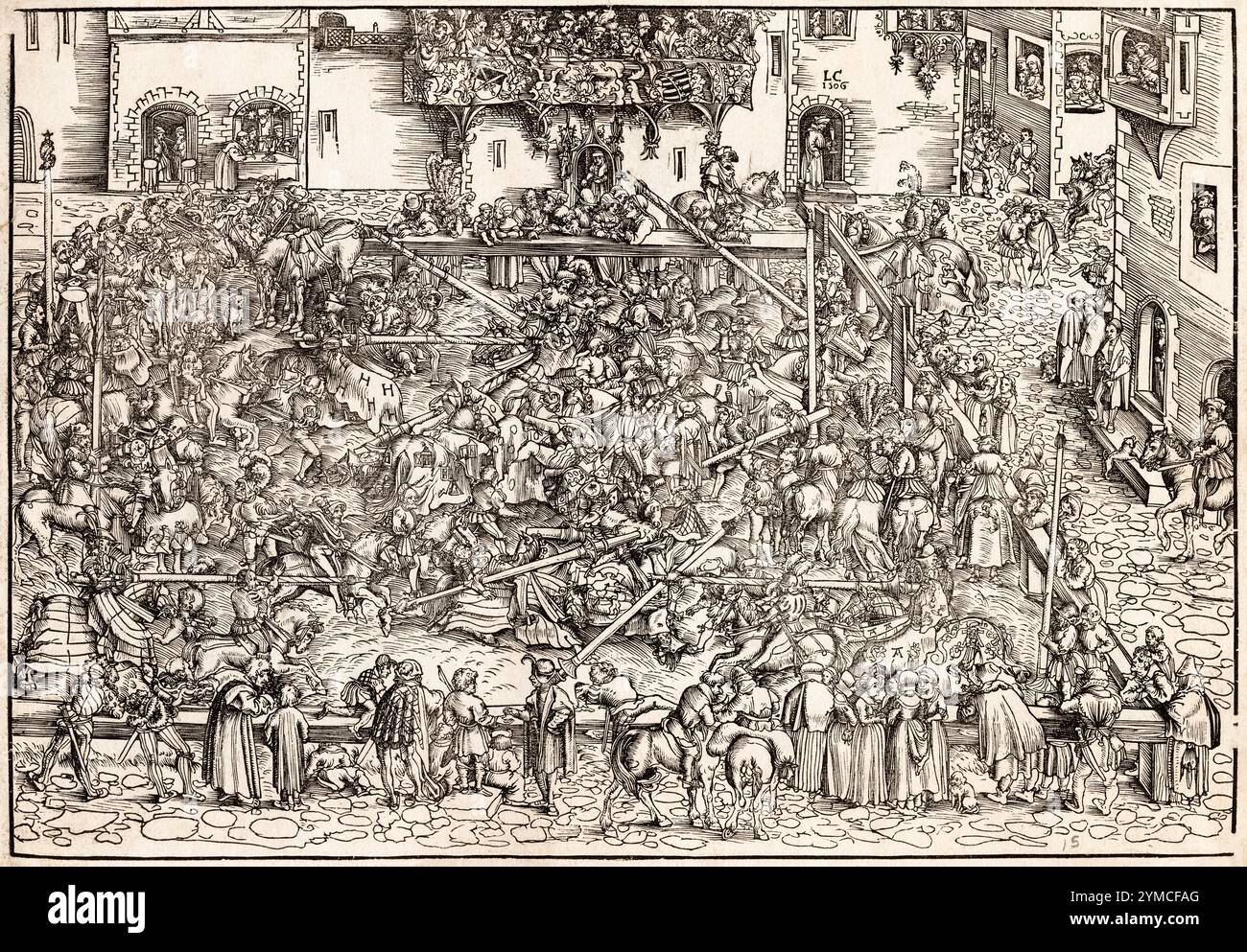 Torneo medievale con giostra dei cavalieri, incisione in legno del XVI secolo di Lucas Cranach il Vecchio, 1506 Foto Stock