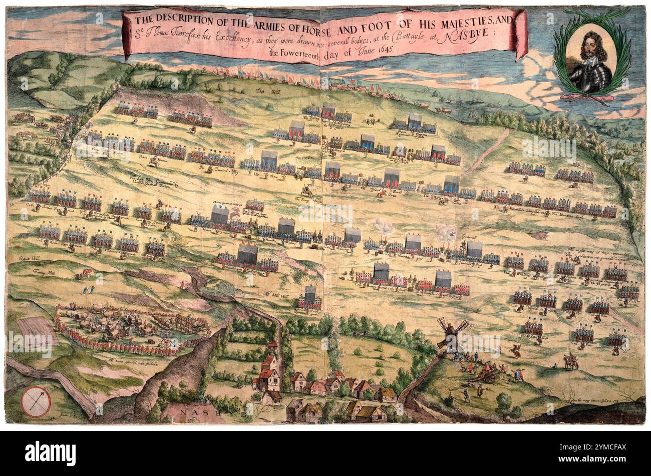 Guerra civile inglese. Battle of Naseby, 14 giugno 1645, Battlefield Map, incisione colorata a mano di Robert Streeter, 1648 Foto Stock