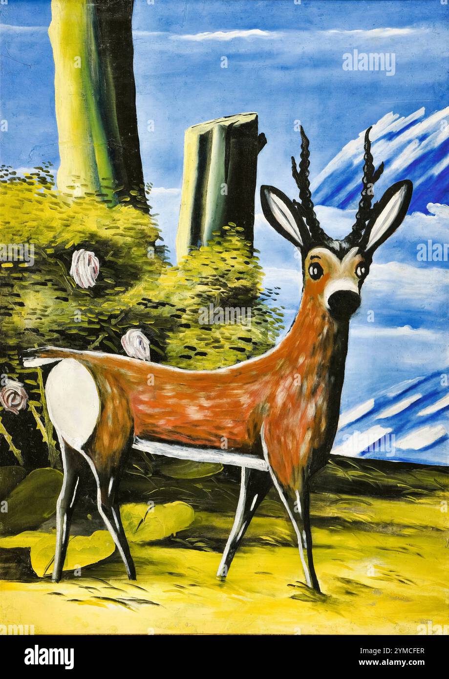 Niko Pirosmani, Roe Deer e paesaggio, pittura ad olio su cartone, 1913 Foto Stock