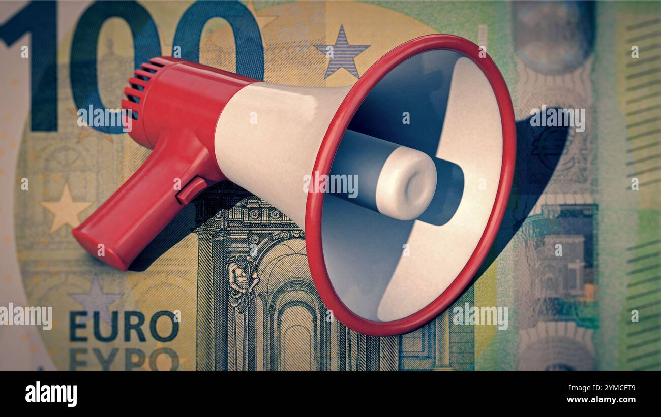 Il megafono si trova su 100 Euro Note Foto Stock