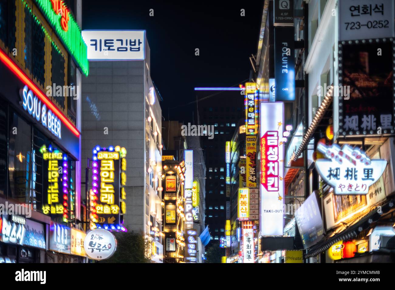 Insegne al neon nel quartiere dello shopping di Myeongdong nel centro di Seoul, capitale della Corea del Sud il 25 ottobre 2024 Foto Stock