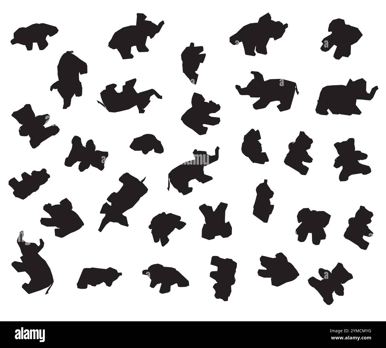 Sfondo con molte silhouette di peluche isolate su sfondo bianco. Giocattoli elefanti e orsi. Illustrazione vettoriale. Illustrazione Vettoriale