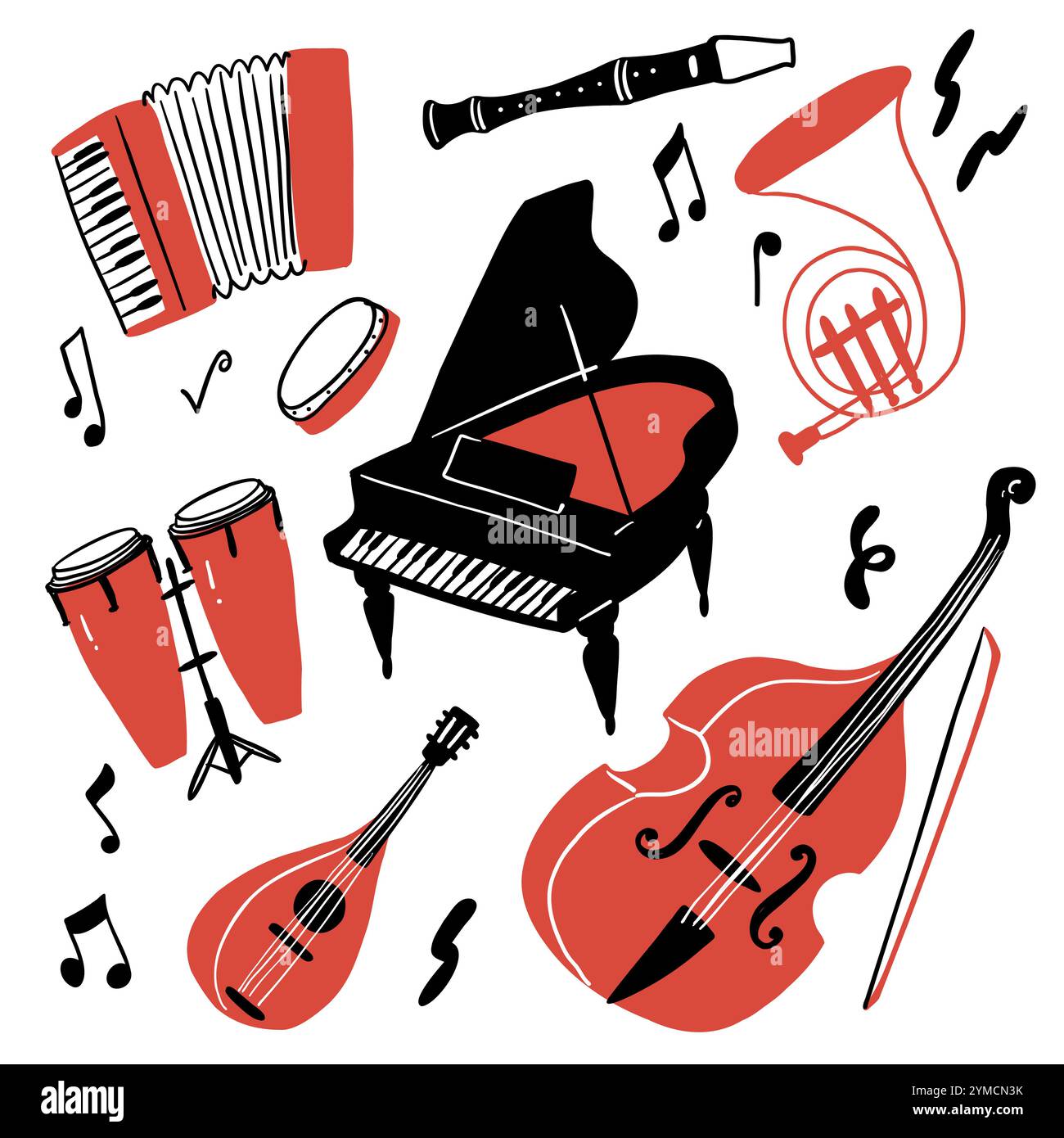 Set di strumenti musicali. Può essere utilizzato per orchestra, concerti acustici, musica, concetto scolastico. Illustrazione vettoriale disegnata a mano in stile doodle. Illustrazione Vettoriale