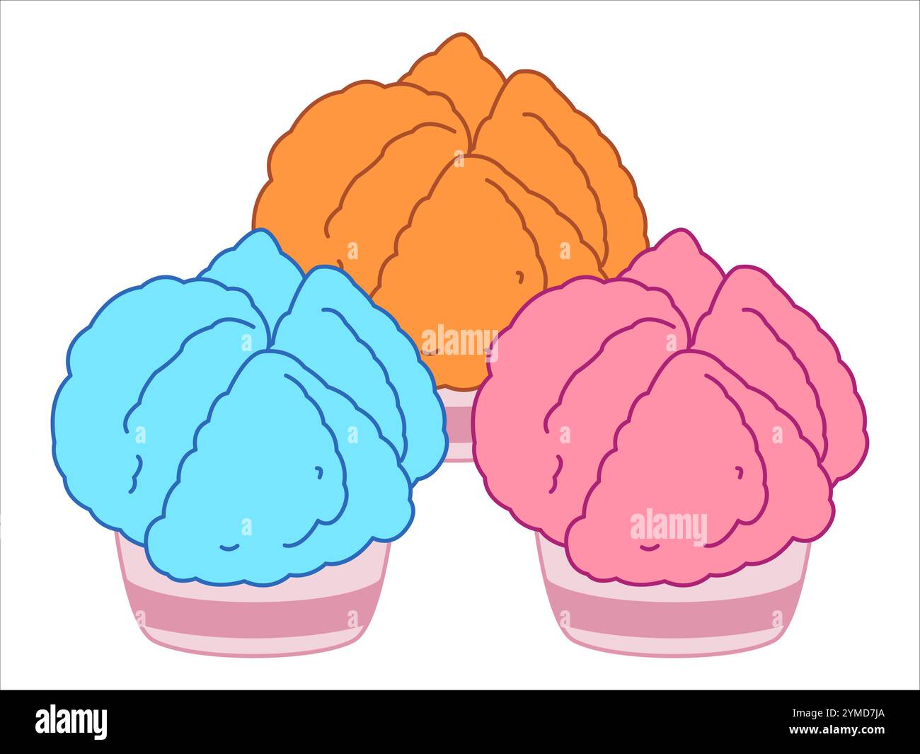 Fa Gao spuntino tradizionale cinese, torta orientale cinese, muffin al vapore, dessert, cucina asiatica, set di icone dal design colorato e morbido Illustrazione Vettoriale
