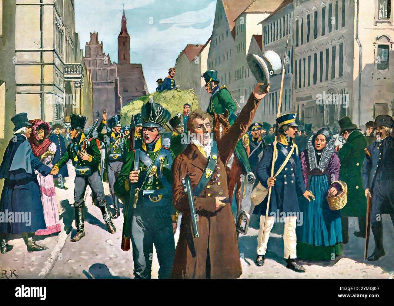 Rivolta a Breslavia, 1813, Guerre d'indipendenza 1813-15, un dipinto di Richard Knötel, Erhebung gegen die französische Herrschaft in Breslavia, 1813, Beginn der Befreiungskriege 1813-15 Foto Stock