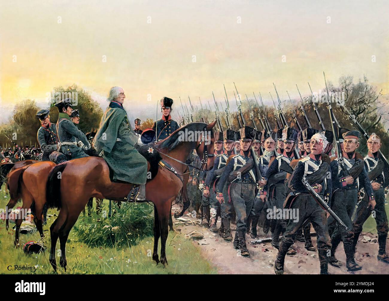 Genaral Yorck von Wartenburg onora il 2° Battaglione delle guardie Imperiali, Battaglia di Wartenburg, 3.10.1813, Guerre napoleoniche, campagna tedesca, 1813-1815 Foto Stock