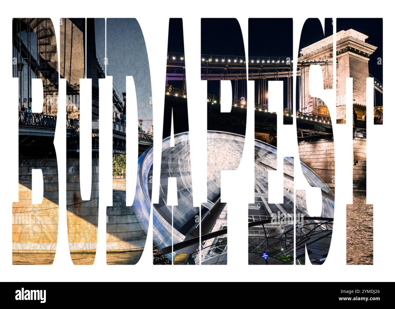 Word Budapest con attrazioni famose su sfondo bianco Foto Stock