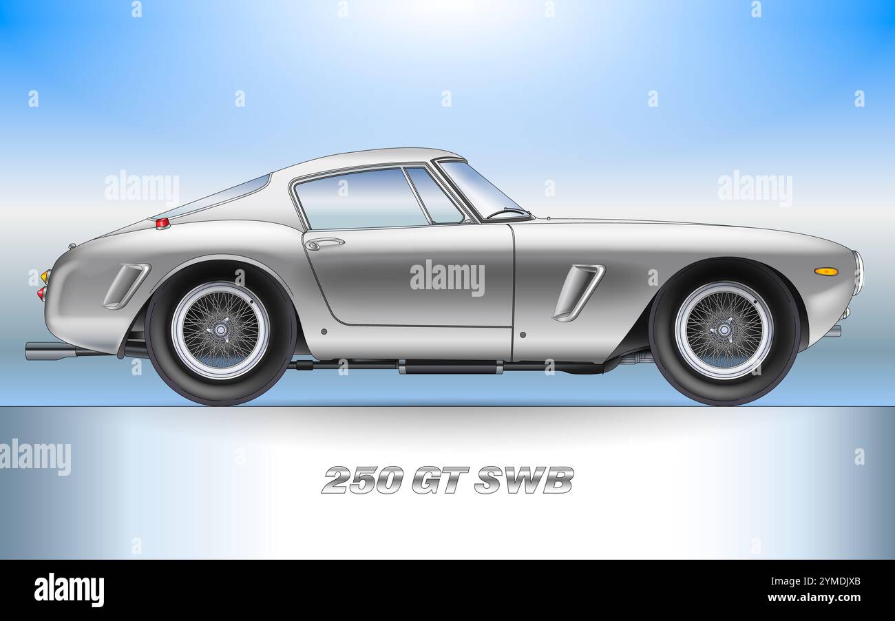 Maranello (Modena) Italia, anno 1963, Ferrari 250 GT SWB, silhouette di auto sportive d'epoca, disegno delineato, illustrazione colorata Foto Stock