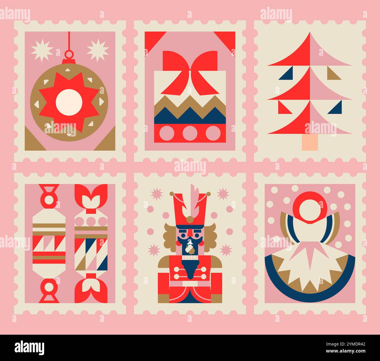 6 francobolli natalizi retrò. Illustrazioni geometriche colorate con elementi natalizi, caramelle, regali, un albero di Natale, lo schiaccianoci, angelo d'inverno. Illustrazione Vettoriale