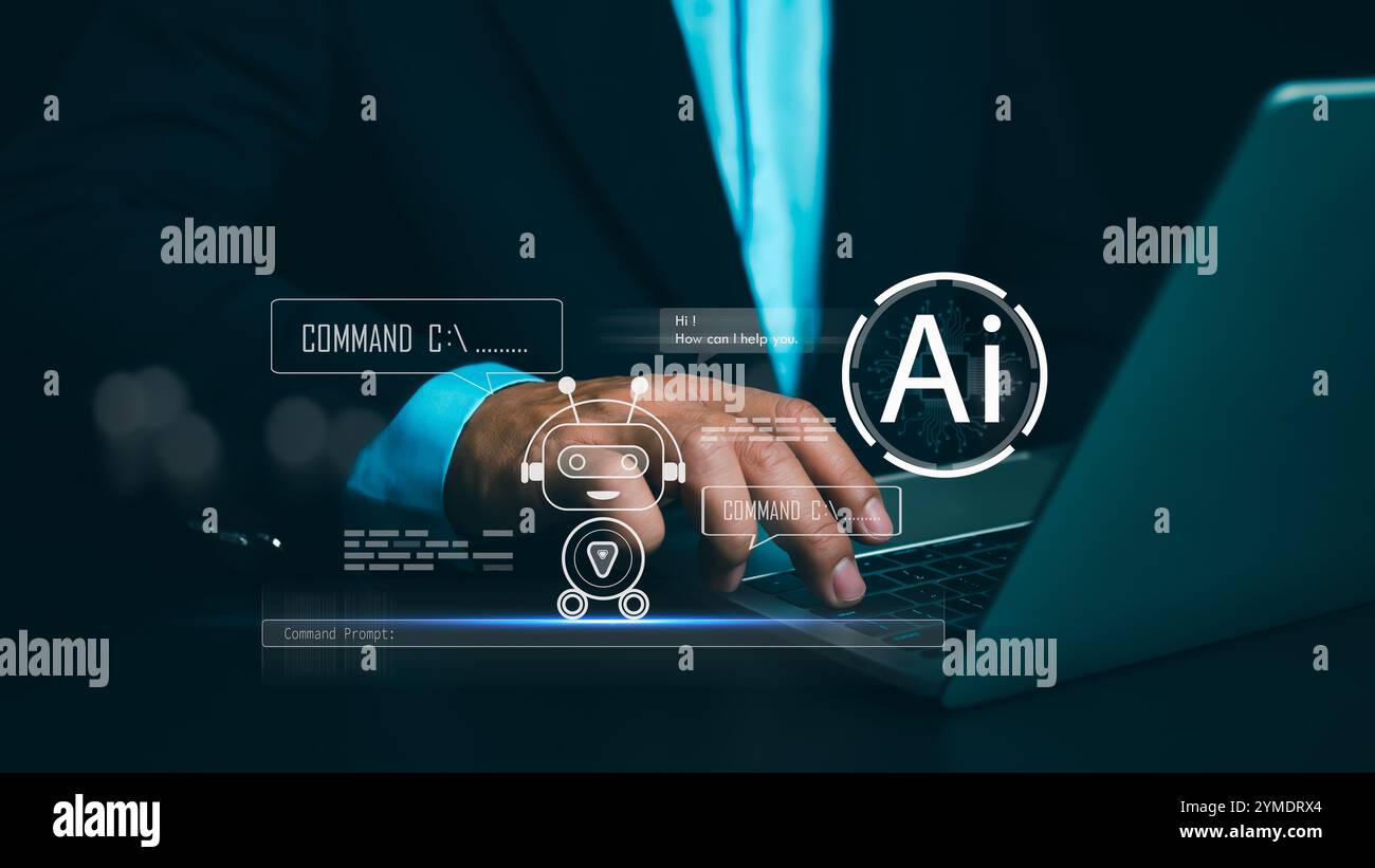 L'uomo d'affari usa toccare con mano un robot virtuale che mostra domande e risposte con intelligenza artificiale, apprendimento automatico, tecnologia ai, brai ai Foto Stock