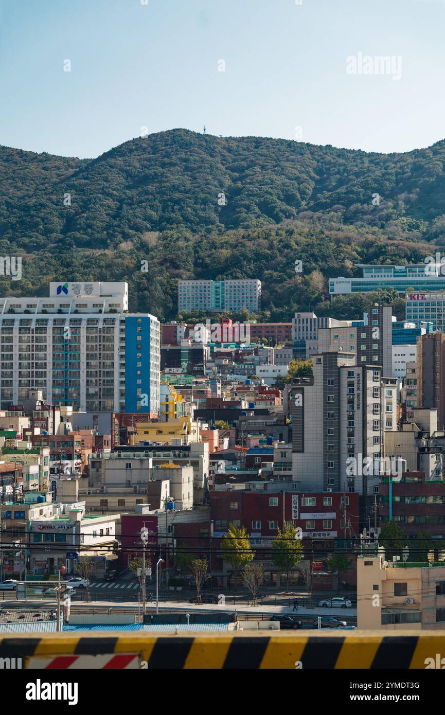 Paesaggio urbano con edifici colorati e sfondo Hillside in una moderna città sudcoreana Foto Stock