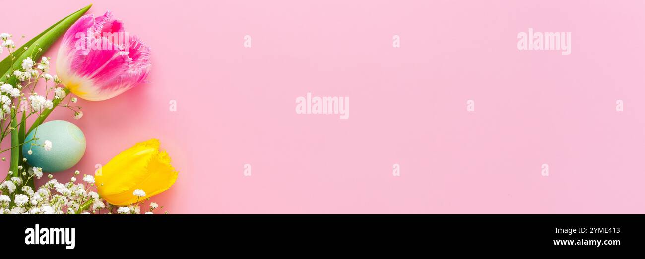 Sfondo pasquale primaverile, uova di Pasqua multicolore e tulipani con gypsophila su sfondo rosa, spazio copia, striscione Foto Stock