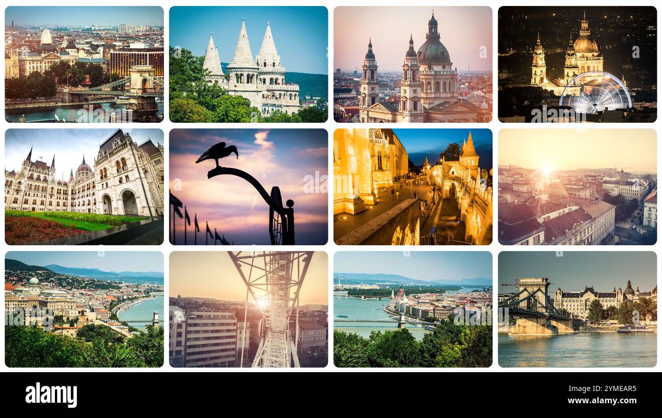 Set di splendidi edifici e attrazioni turistiche di Budapest di giorno e di sera Foto Stock