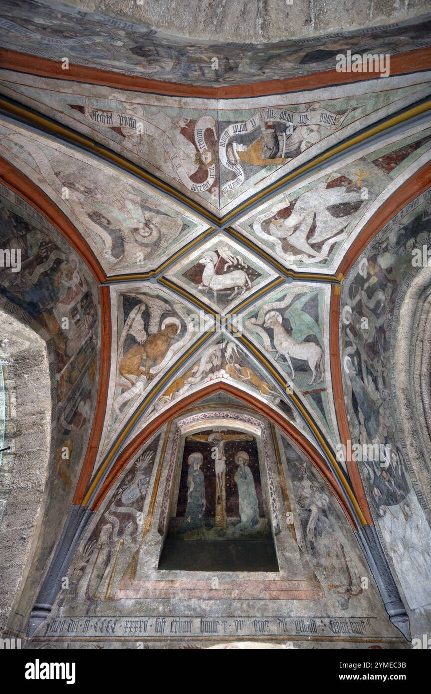 Affresco a soffitto intorno al 1445, nel vestibolo della chiesa di San Martino, basilica gotica, completato intorno al 1500, Memmingen, Svevia, Baviera, Germania, Europ Foto Stock