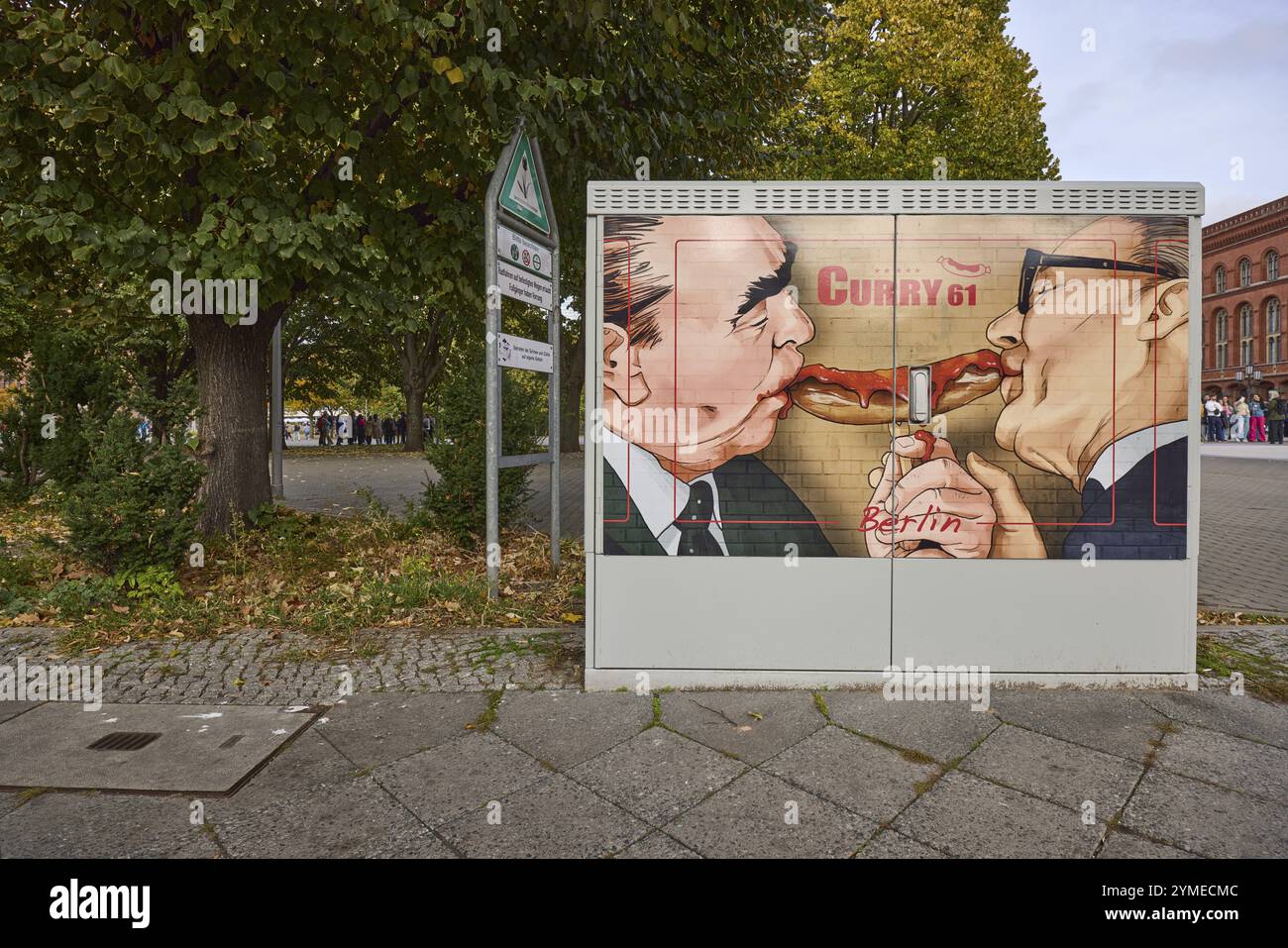 Immagine pubblicitaria su una scatola di distribuzione, Currywurst Curry 61, Berlino, capitale, città indipendente, stato federale di Berlino, Germania, Europa Foto Stock