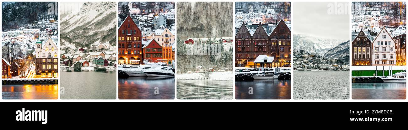 Collage fotografico di inverno e attrazioni a Bergen , Norvegia Foto Stock