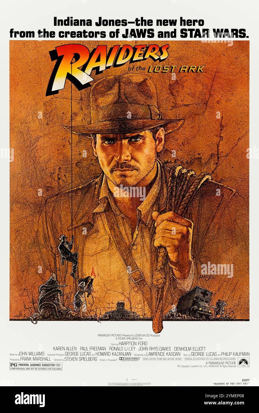 Raiders of the Lost Ark (1981) diretto da Steven Spielberg e interpretato da Harrison Ford, Karen Allen e Paul Freeman. L'archeologo Indiana Jones corre contro le forze naziste nel 1936 per trovare l'Arca mistica dell'Alleanza prima che cada nelle mani sbagliate. Fotografia di un poster originale degli Stati Uniti del 1981 con copertina di Richard Amsel ***SOLO PER USO EDITORIALE***. Credito: Immagini BFA/Paramount Foto Stock