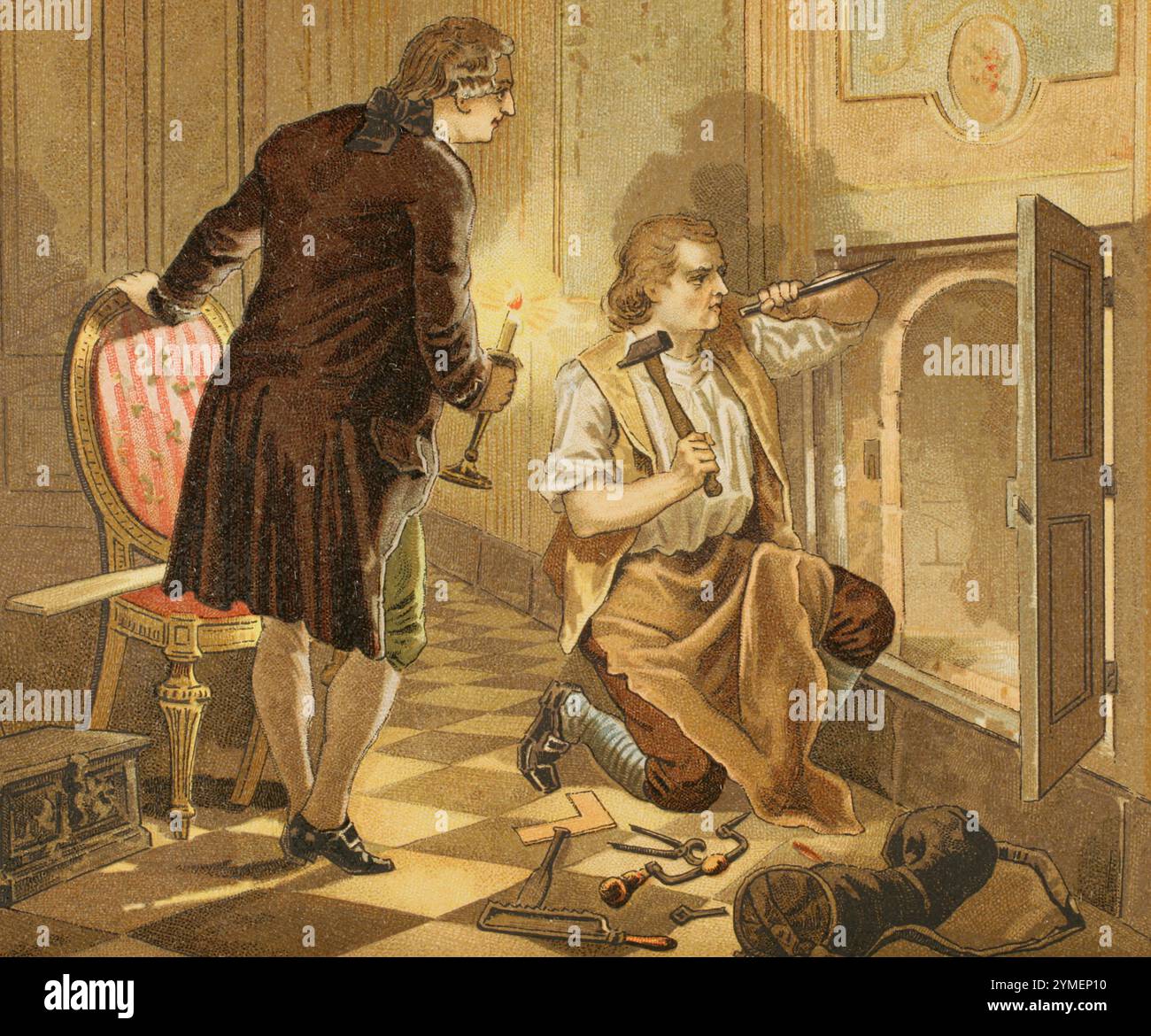 Luigi XVI (1754-1793). Re di Francia (1774-1792). Luigi XVI che illumina il fabbro Francesco Gamain durante la realizzazione dell'armoire de fer (cassa di ferro). Documenti segreti sono stati conservati in questo spazio nascosto dietro un pannello di legno negli appartamenti del re nel Palazzo delle Tuileries. Cromolitografia. Dettagli. "Los Girondinos" (Revolución Francesa), di A. de Lamartine. Volume I. pubblicato a Barcellona, 1904. Foto Stock