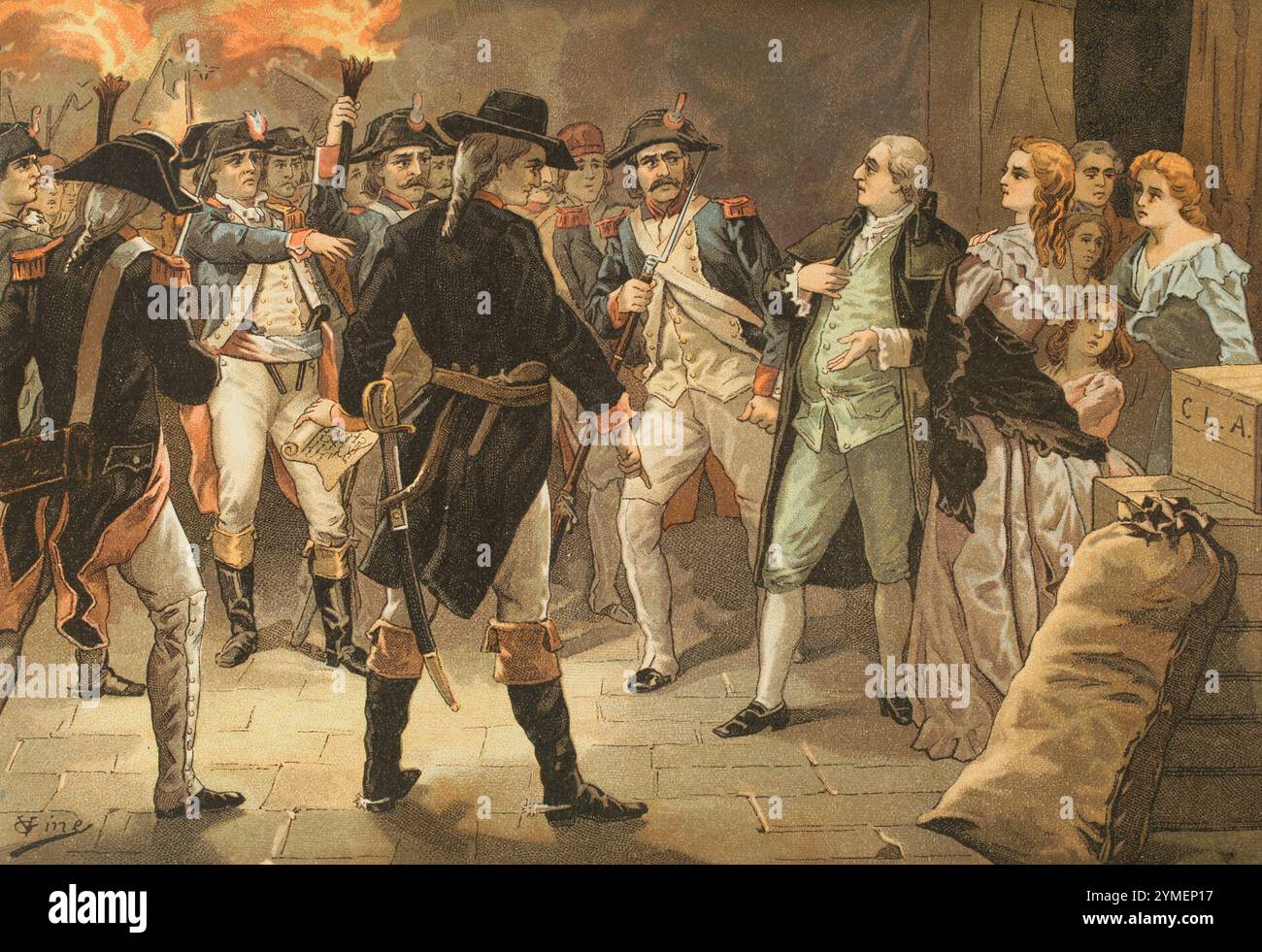 Rivoluzione francese. Volo per Varennes (20-21 giugno 1791). L'arresto del re Luigi XVI (1754-1793) e della sua famiglia a Varennes il 21 giugno 1791, mentre tentava di raggiungere la roccaforte realista di Montmédy. Tornò sotto custodia cautelare a Parigi, giurando fedeltà alla costituzione, che lo riconobbe come un monarca con poteri limitati. Cromolitografia di Vicente Giné. "Los Girondinos" (Revolución Francesa), di A. de Lamartine. Volume I. pubblicato a Barcellona, 1904. Foto Stock