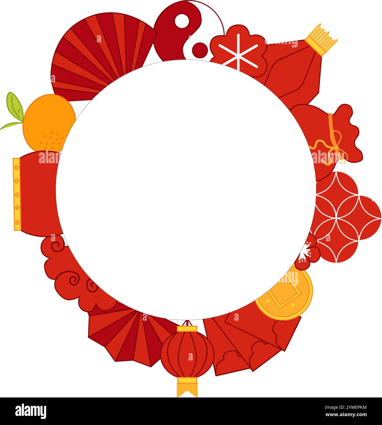 Cornice circolare cinese con elementi tradizionali Capodanno lunare, illustrazione grafica vettoriale del festival dello shopping CNY Illustrazione Vettoriale