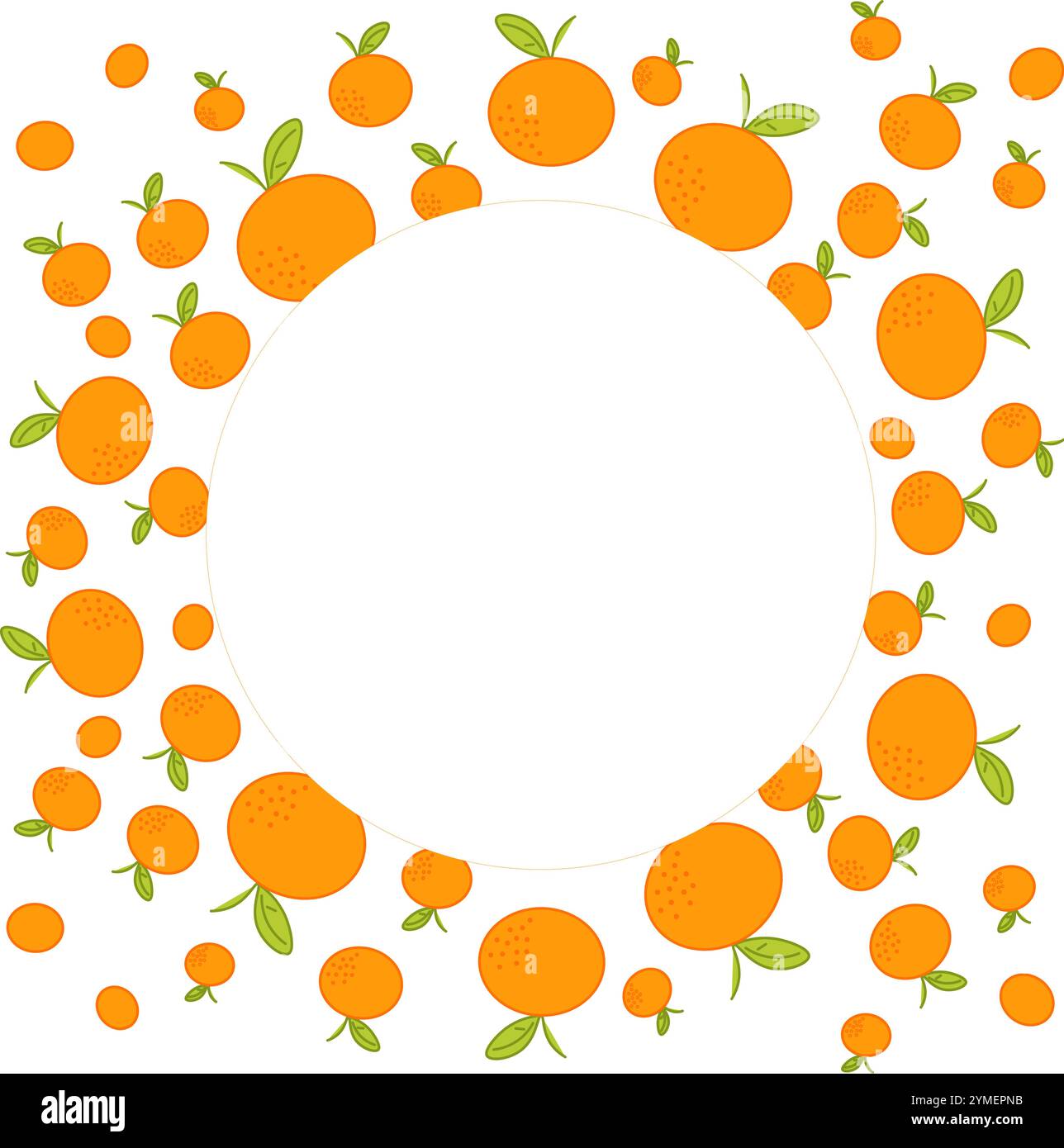 Sfondo grafico disegnato a mano in mandarino o mandarino. Disegno organico di piante di agrumi con cornice rotonda al mandarino. Grafica botanica naturale Illustrazione Vettoriale
