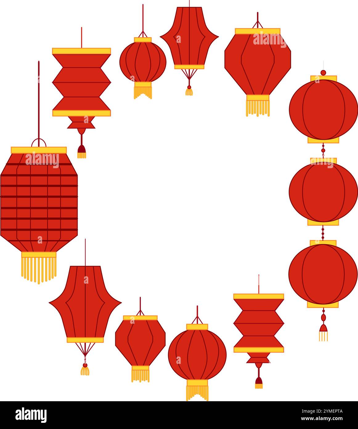 Lanterne rosse di carta modello con cornice circolare. Illustrazione grafica vettoriale per icona, carta vip, certificato, voucher regalo. Capodanno cinese Illustrazione Vettoriale