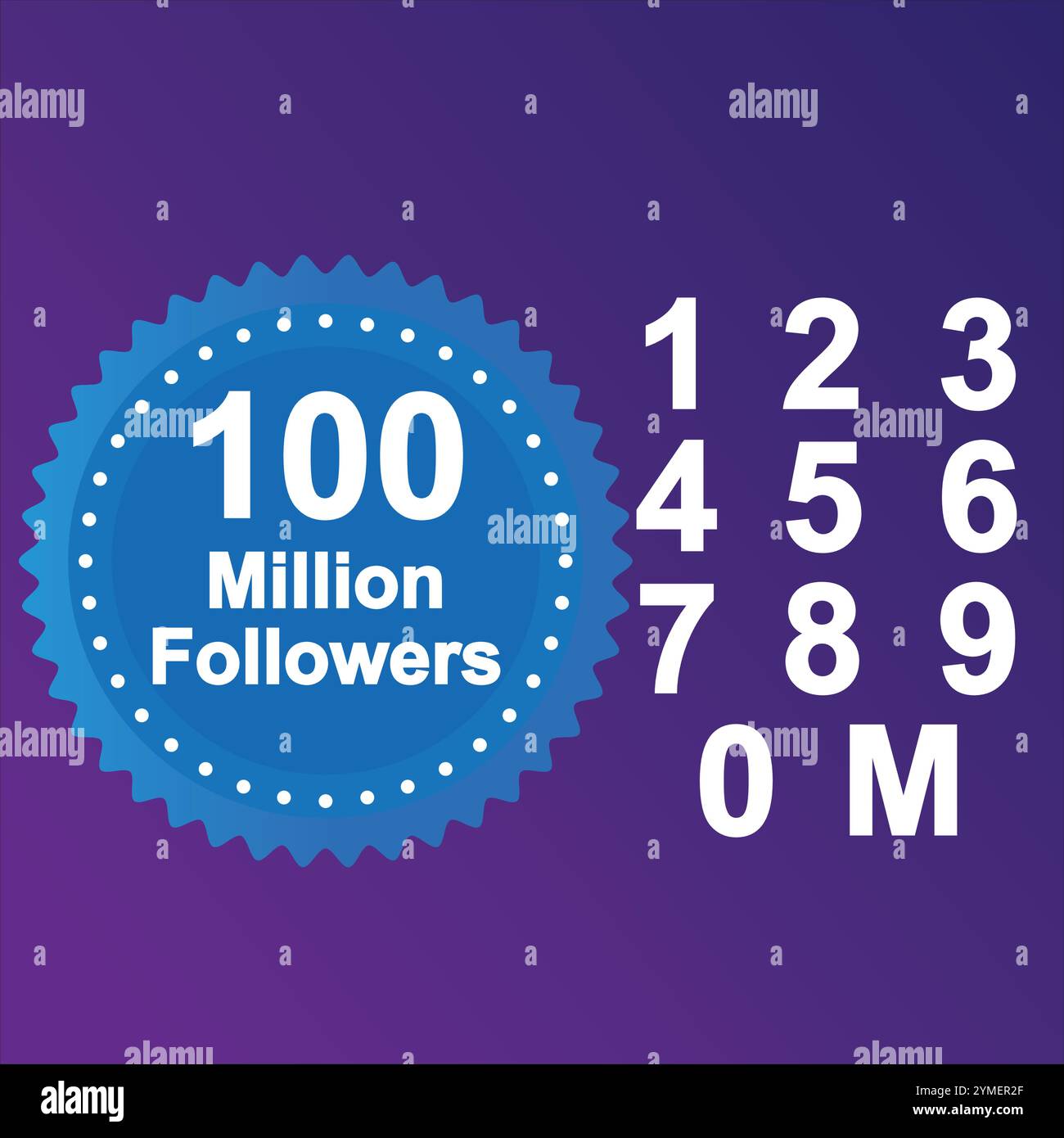 100 milioni di follower bundle, poster, tag, file vettoriale modificabile per la piattaforma di social media e commerciale utilizzata, splendido sfondo, milioni completi. Illustrazione Vettoriale