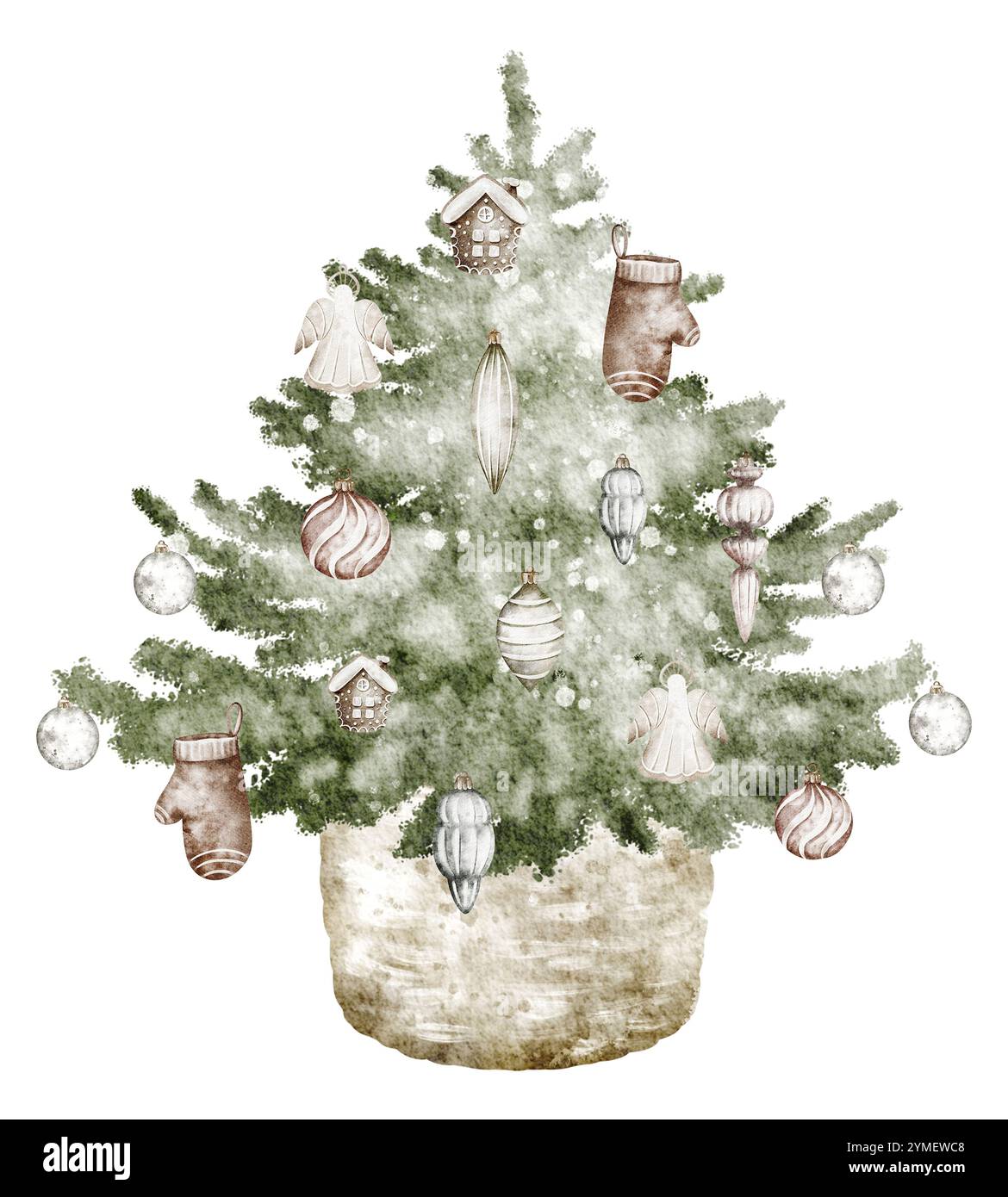 Albero di Natale in acquerello in stile vintage, con giocattoli in un cestino di vimini Foto Stock