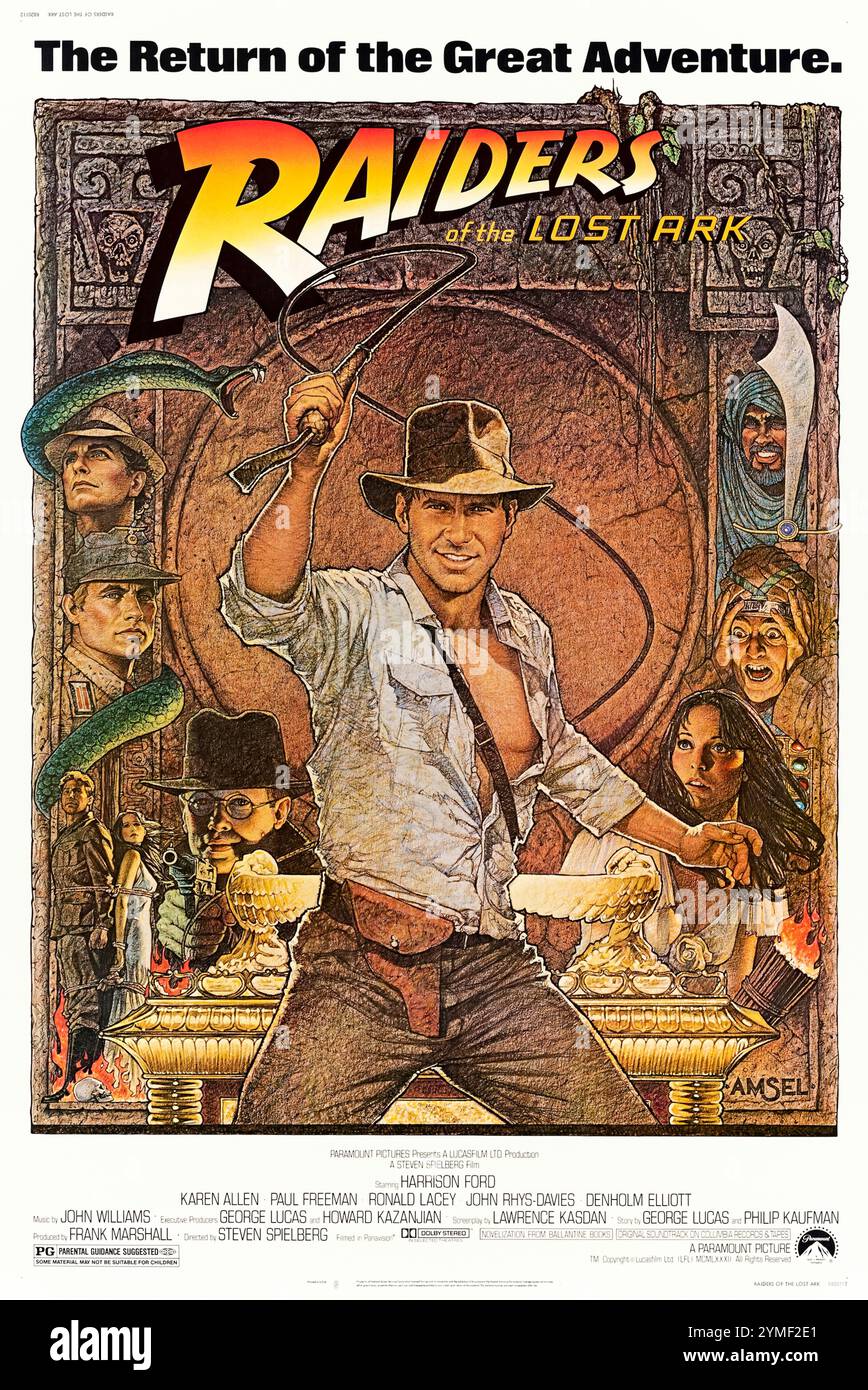 Raiders of the Lost Ark (1981) diretto da Steven Spielberg e interpretato da Harrison Ford, Karen Allen e Paul Freeman. L'archeologo Indiana Jones corre contro le forze naziste nel 1936 per trovare l'Arca mistica dell'Alleanza prima che cada nelle mani sbagliate. Fotografia di un poster originale degli Stati Uniti del 1981 con copertina di Richard Amsel ***SOLO PER USO EDITORIALE***. Credito: Immagini BFA/Paramount Foto Stock