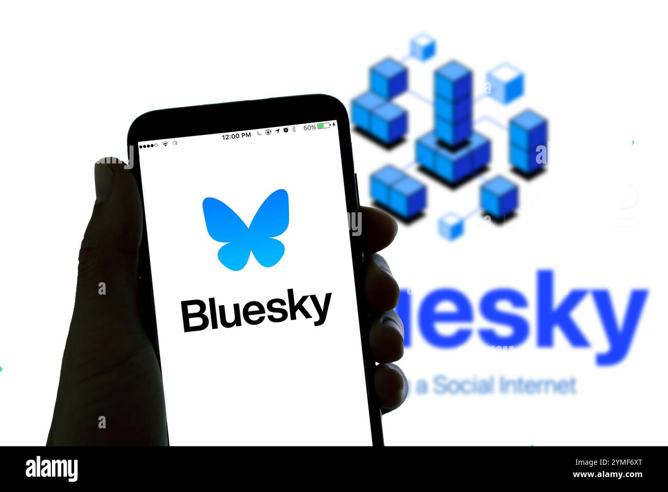 Barcellona, Spagna - 21 novembre 2024: Il logo dell'app di social media Bluesky è visibile sullo schermo di un telefono cellulare. Bluesky è un concorrente di Twit Foto Stock