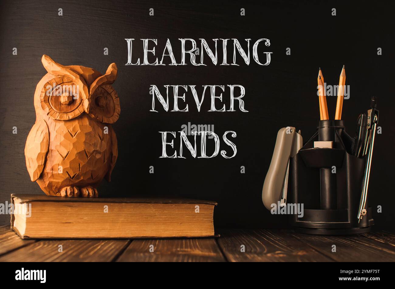 Un gufo di legno si trova sopra una pila di libri. Il gufo è circondato da matite e da una penna. L'immagine è intitolata apprendimento non finisce mai. La scena è educazionea Foto Stock