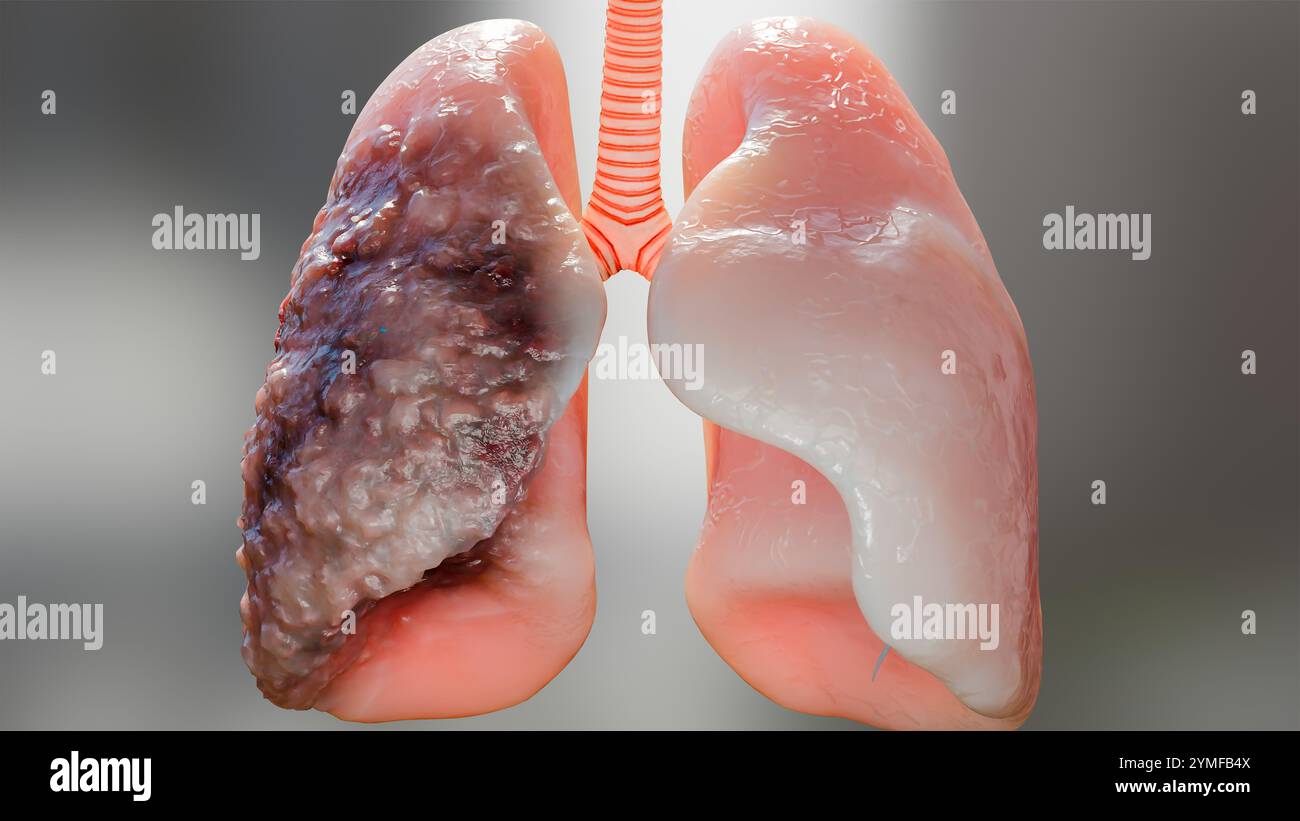 Polmonite malattia, polmoni sani e polmoni malattia, cancro polmonare umano, fumatori di sigaretta malattia polmonare, tumori maligni cancerosi in crescita e spreadina Foto Stock