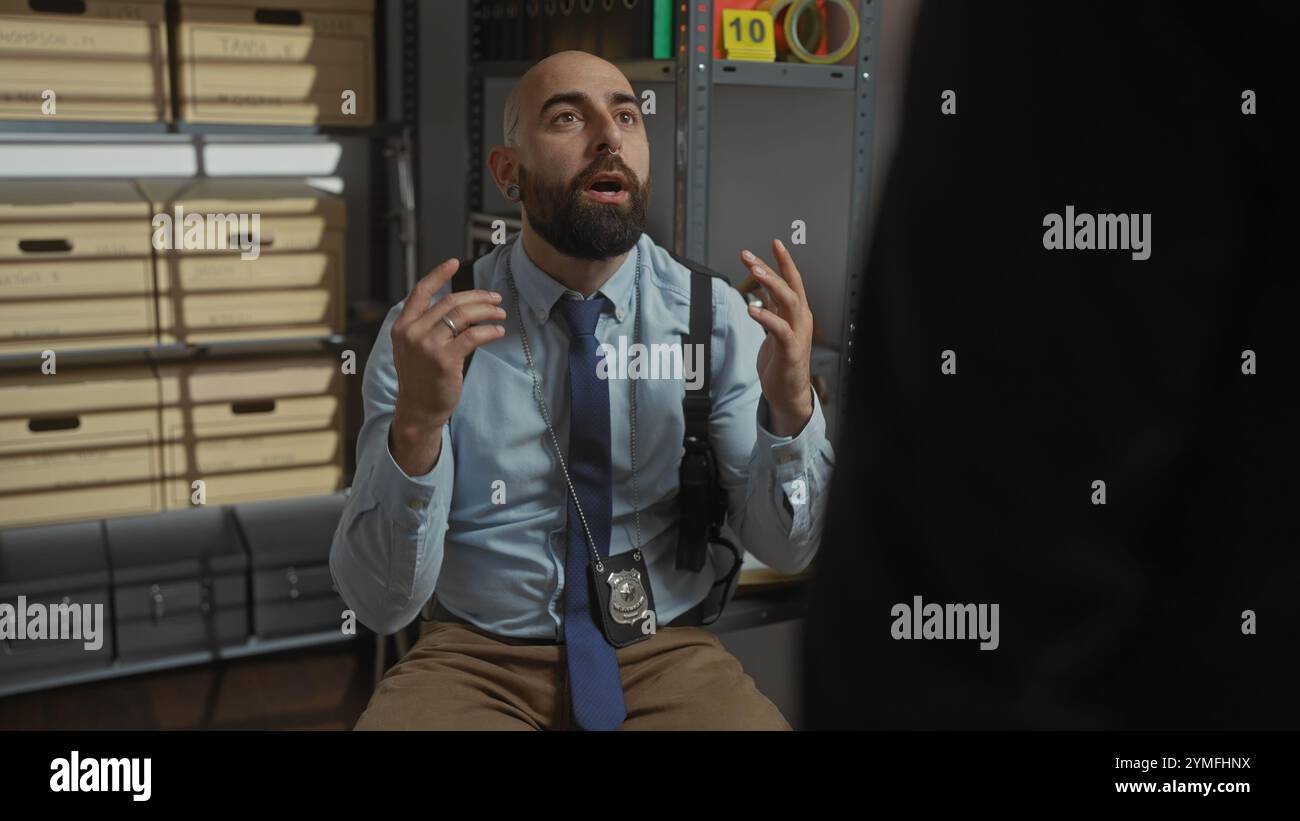 Un uomo calvo con una barba che indossa una camicia blu e una cravatta gesticolano mentre parla, un distintivo investigativo visibile, in una stanza con scatole per documenti. Foto Stock