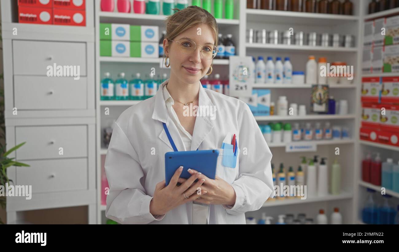 Una farmacista sicura di sé sorride mentre tiene in mano un tablet tra scaffali pieni di farmaci e prodotti sanitari in un ambiente pulito e ben organizzato Foto Stock