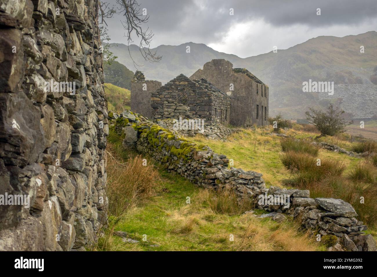 Fattoria in rovina sul percorso per Cwm Ystradllyn e Gorseddau e le cave di ardesia del Principe di Galles Foto Stock