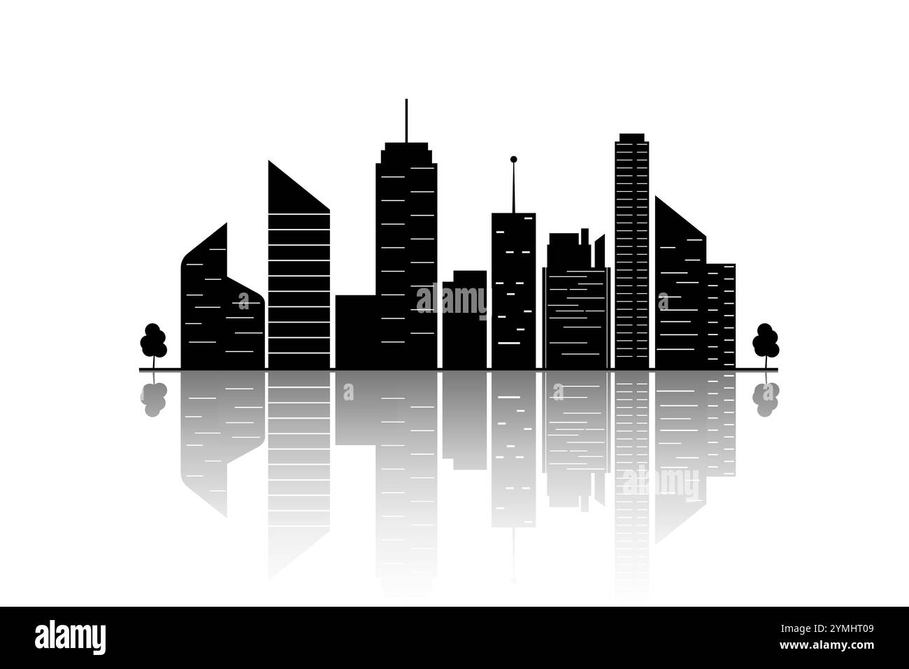 silhouette di un edificio metropolitano dallo skyline scuro con effetto riflesso vettoriale Illustrazione Vettoriale