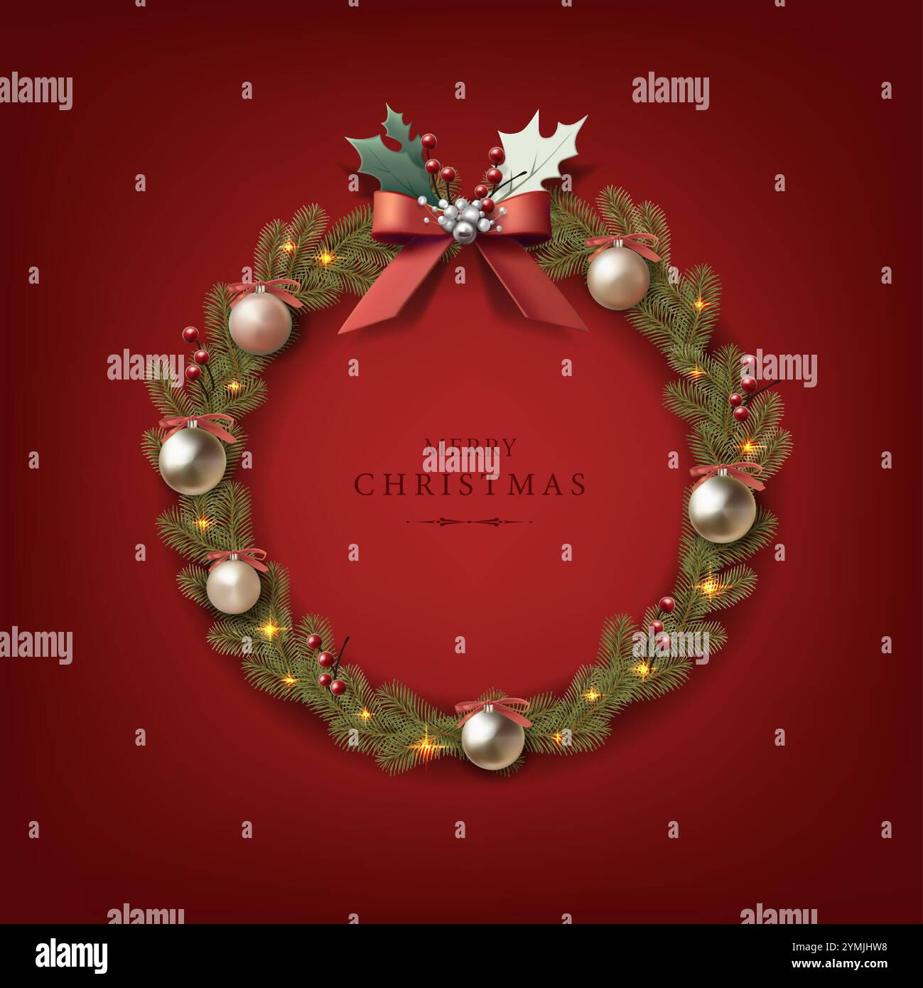 Striscione rosso per le festività natalizie. Cortina a tre porte con decorazioni, palle e luci con nastro rosso. Illustrazione Vettoriale