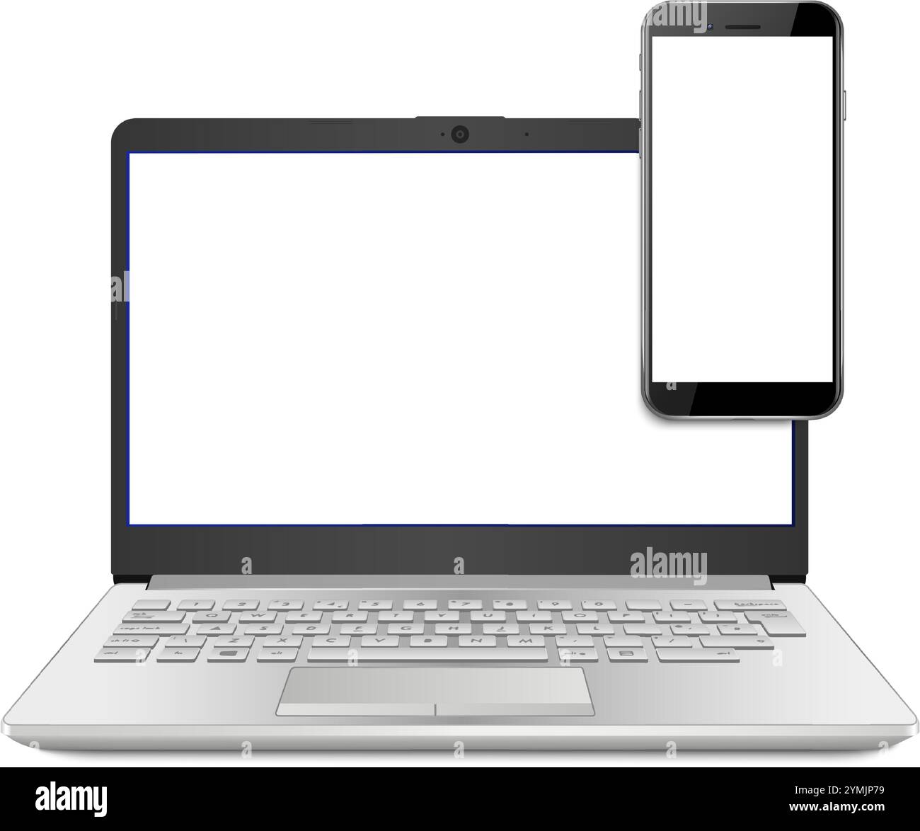 illustrazione realistica, app ui ux e presentazione del sito web. Vista frontale del mockup di laptop e smartphone isolata su sfondo bianco. Illustrazione Vettoriale