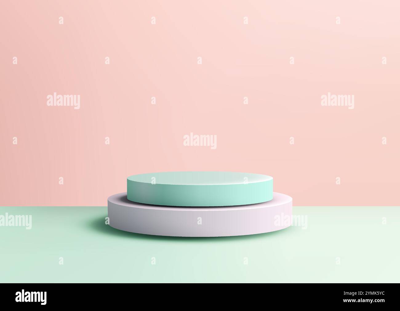 Il cilindro verde menta 3D poggia su un podio rosa, posto su una superficie verde chiaro con un morbido sfondo rosa pastello. Prodotto di stile moderno e minimalista Illustrazione Vettoriale