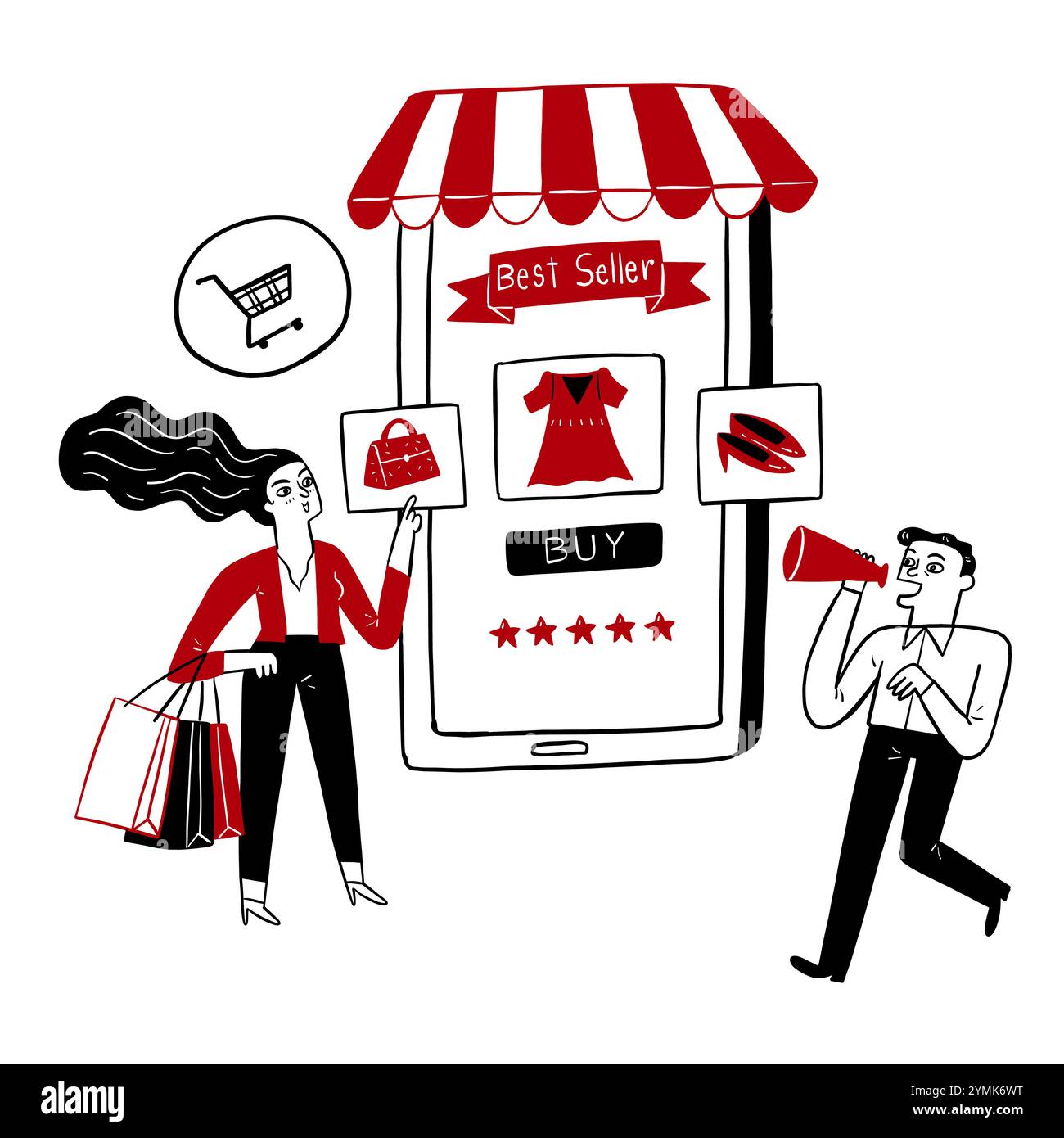 Bella donna che fa acquisti online con il cellulare un uomo che urla attraverso il megafono per promuovere o vendere. Illustrazione vettoriale disegnata a mano in stile doodle. Illustrazione Vettoriale
