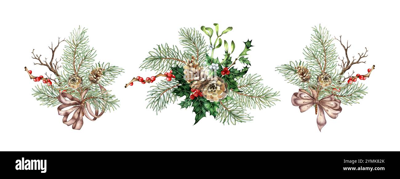 Rami di abete con aghi verdi, coni, rami secchi, bacche rosse e fiocco marrone, set di illustrazioni ad acquerello con nastro in raso. Piante forestali per l'inverno Foto Stock