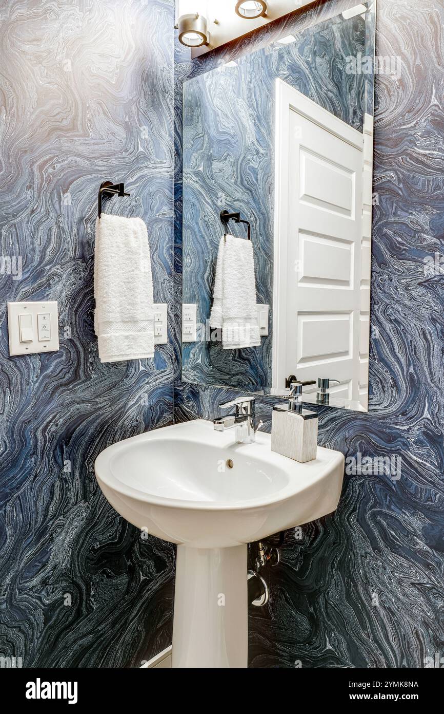 Il bagno ha una parete blu e bianca e un lavandino bianco. Il lavandino si trova al centro della stanza ed è circondato da un portasciugamani bianco. Il muro è de Foto Stock