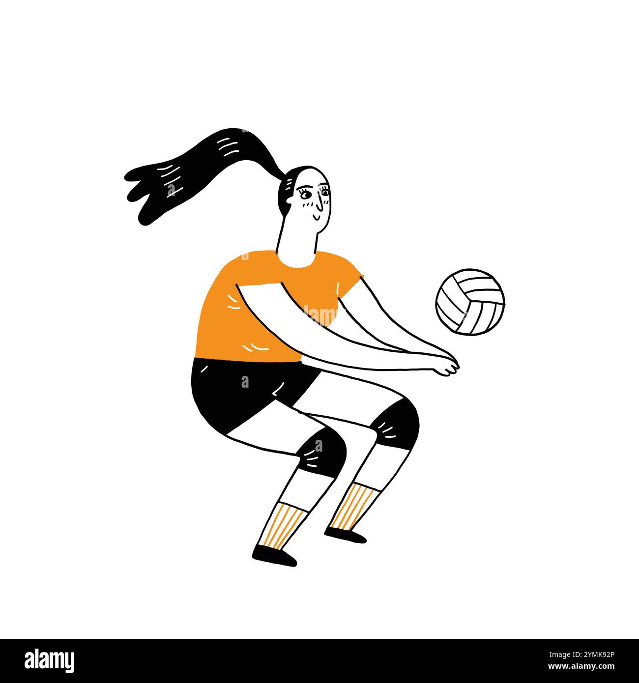 Concetto sportivo, la giocatrice di pallavolo Woman colpisce la palla. Illustrazione vettoriale disegnare a mano lo stile doodle su uno sfondo bianco isolato. Illustrazione Vettoriale