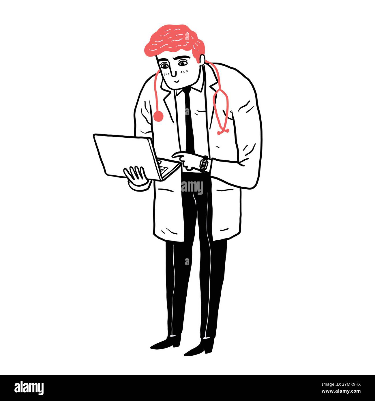 Ritratto completo di un medico che usa il computer portatile. Illustrazione vettoriale disegnata a mano in stile doodle. Illustrazione Vettoriale