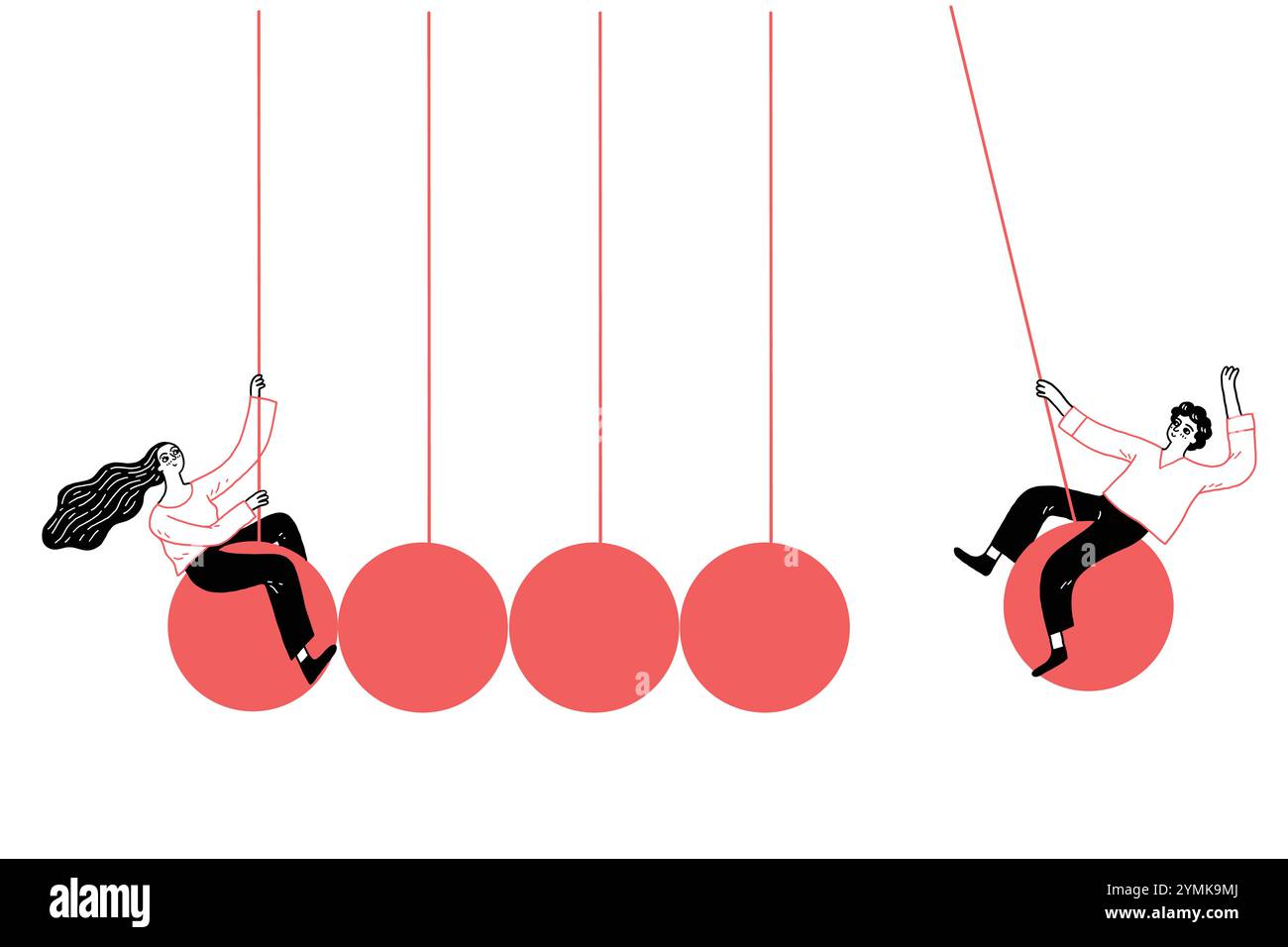 Concetto di sfida con Newton Cradle. Illustrazione vettoriale disegnata a mano in stile doodle. Illustrazione Vettoriale