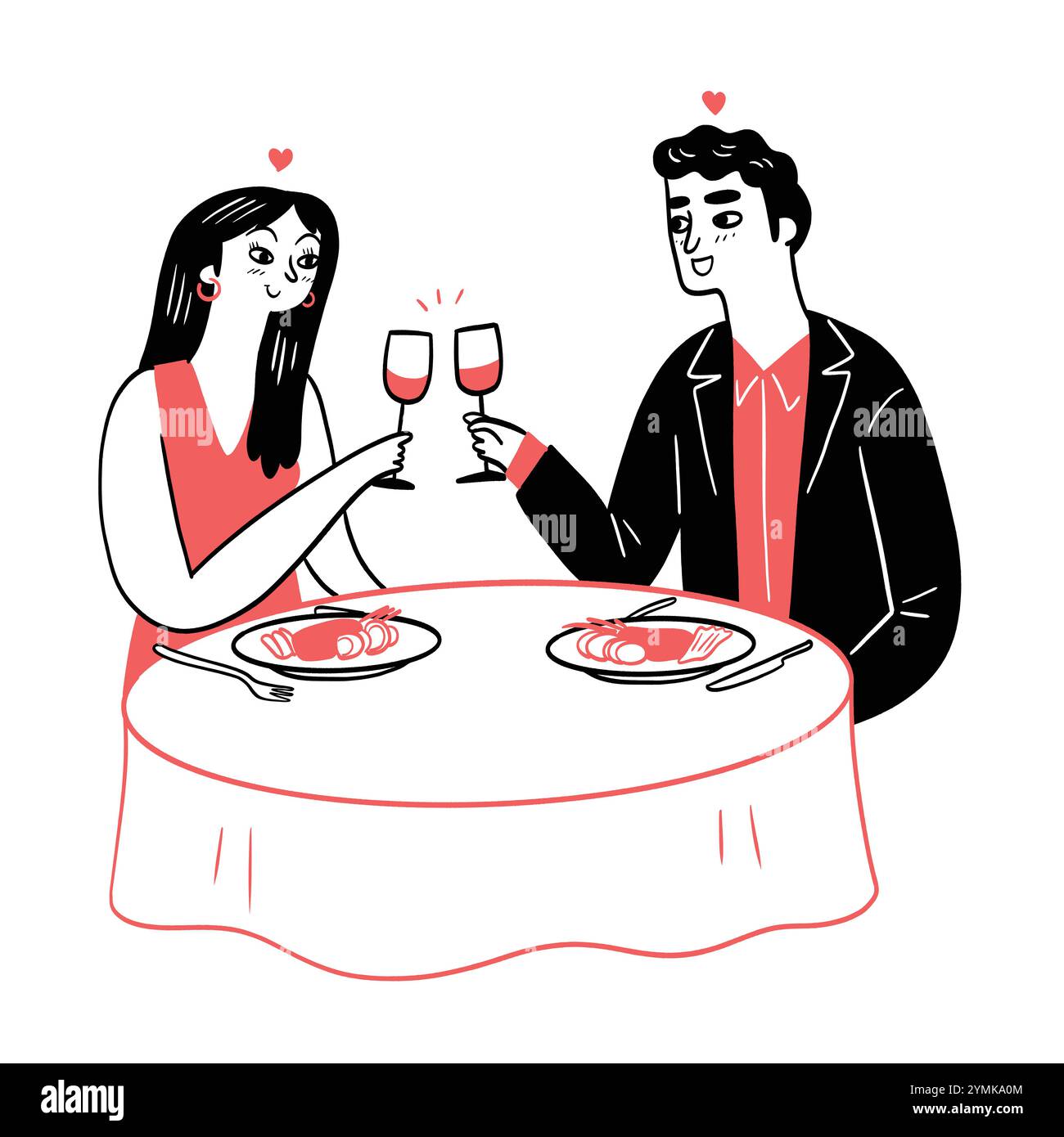 Questa è una coppia seduta a un tavolo con un pasto davanti a loro. C'è un'atmosfera romantica, come indicato dai piccoli cuori sopra la testa. Loro Illustrazione Vettoriale